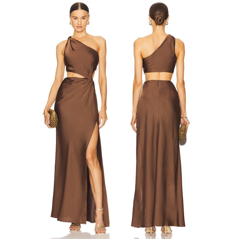 Misha Kristin Gown One Shoulder Cut Out Satin Formal Party Cocktail Evening M